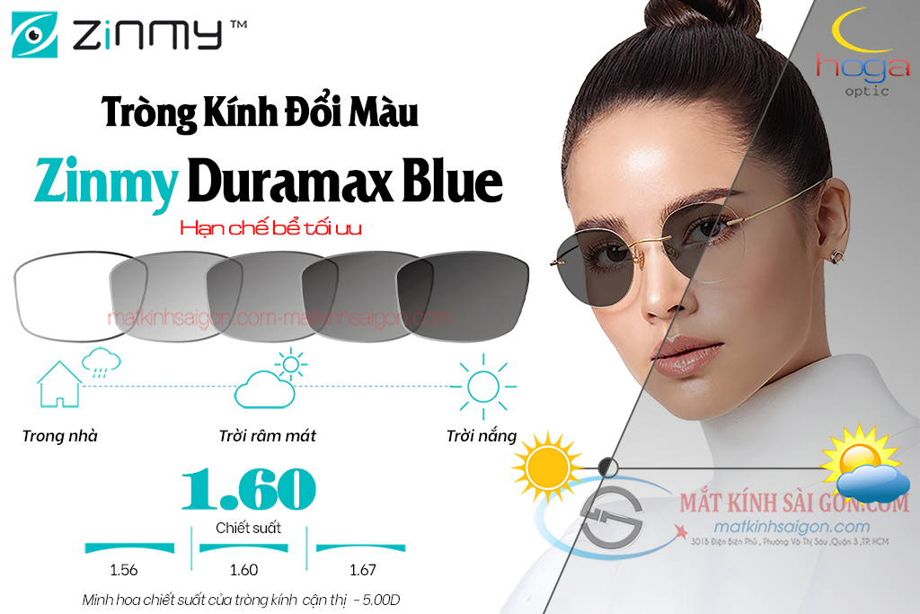 TRÒNG KÍNH ĐỔI MÀU 1.60 ZINMY DURAMAX BLUE